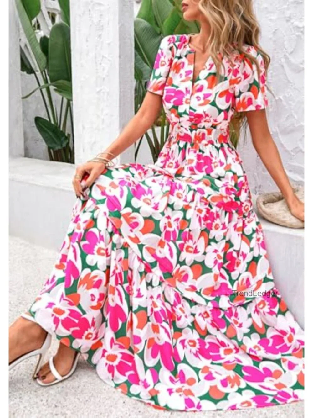 Boho Floral Maxi Dress with Pockets, V Neck, Short Sleeve, Tiered A-Line